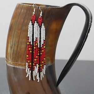 Long 4.5" White Red Black Beaded Fringe Earrings Native American Tassel New